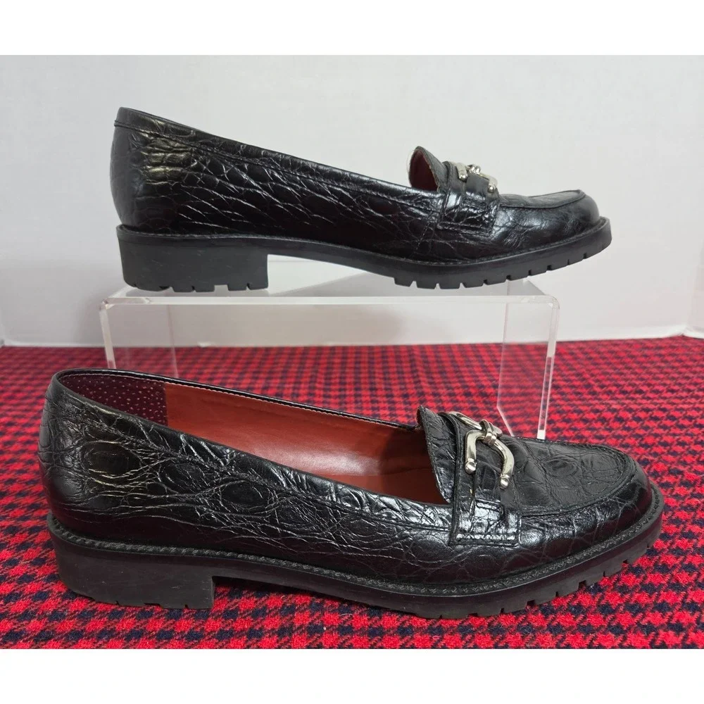 Talbots Croc Embossed Black leather Loafers w/ Metal Horsebit Buckle Wom 7.5B
